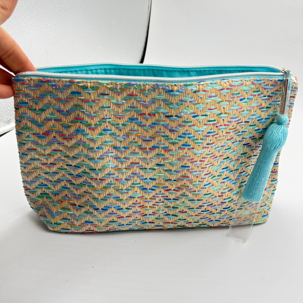 Lancome Paris Woven Straw Makeup Bag OS Teal Multi Chevron Boho Tassel Pouch - Picture 7 of 7